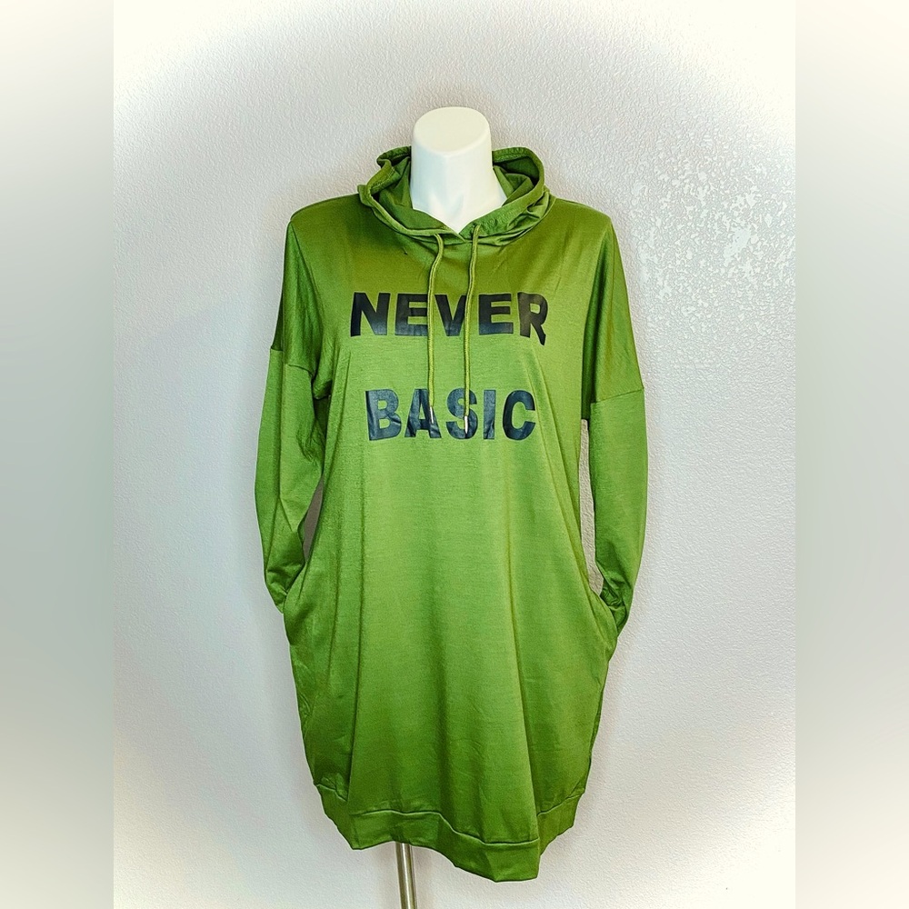 Green Hoodie Dress with 'Never Basic' Print - Picture 2 of 6
